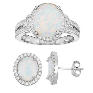 Opal Halo Ring and Earrings Set